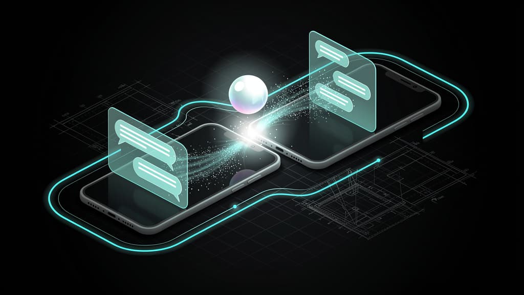 Abstract isometric illustration of an AI companion app: two smartphones exchanging chat messages through a glowing orb hovering between them