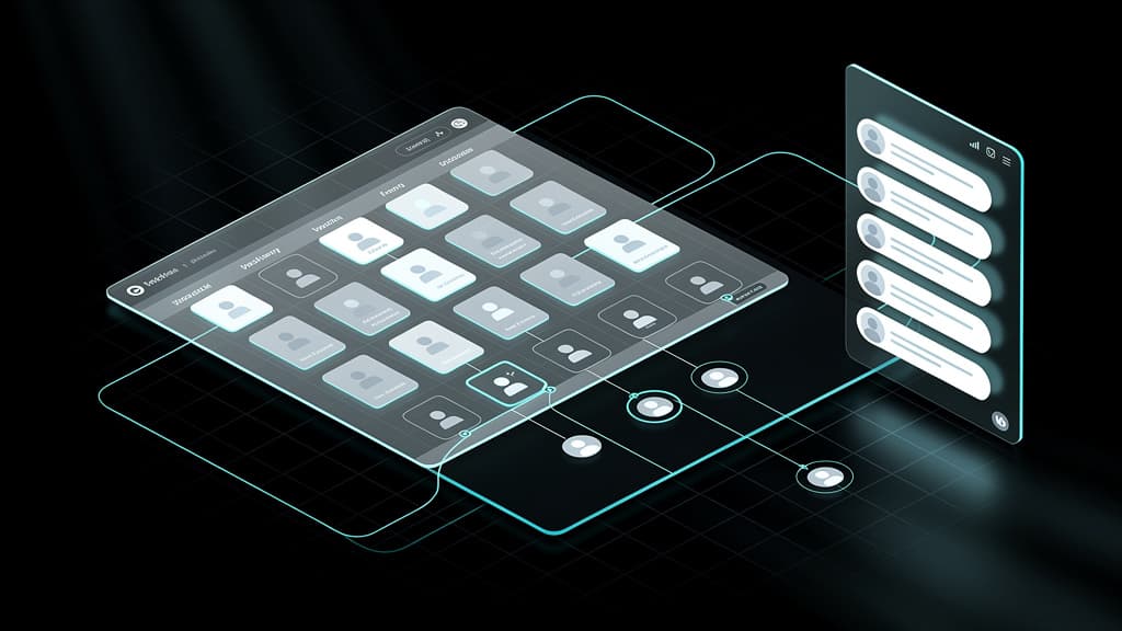 Abstract isometric illustration of a crew scheduling platform: a translucent roster board with avatar tokens linked to shift slots beside a realtime chat panel