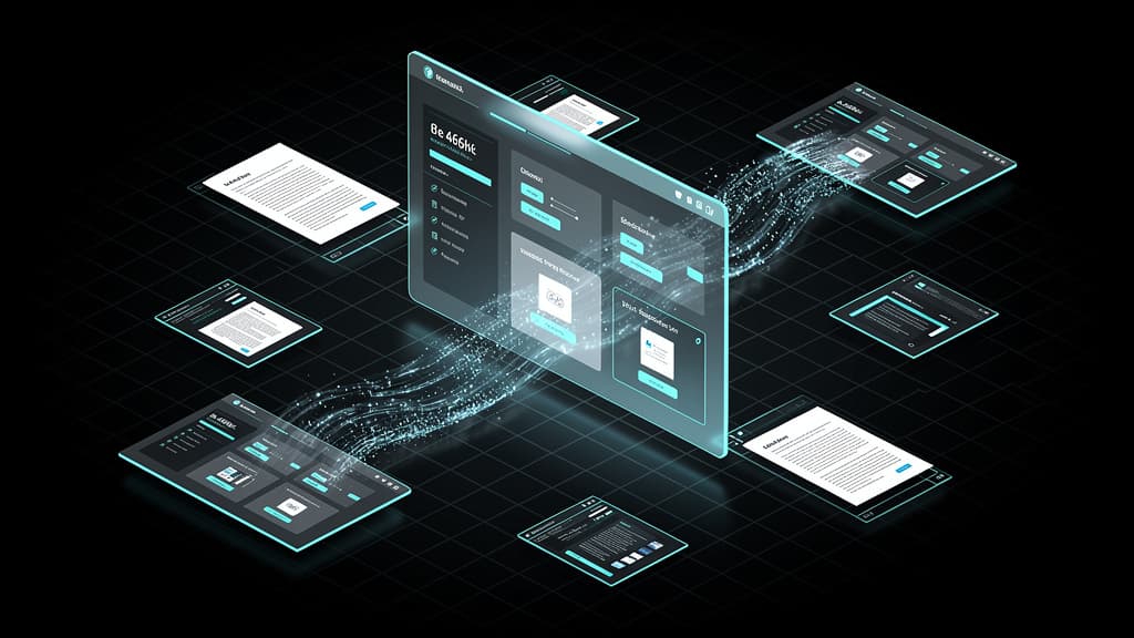 Abstract isometric illustration of an enterprise web portal: a central browser window surrounded by satellite document panels connected by flowing particle streams