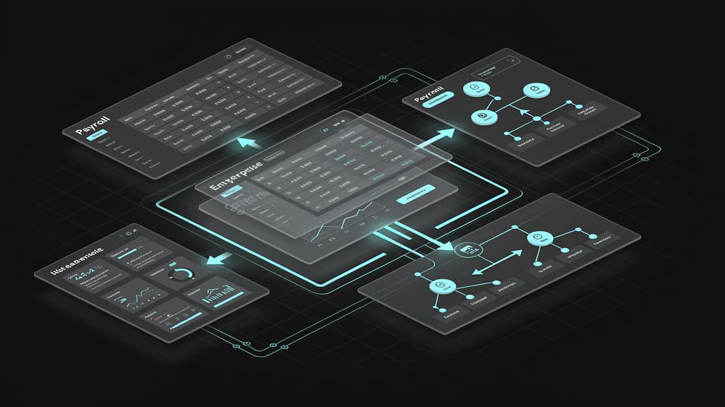 Abstract isometric illustration of an enterprise payroll platform: layered translucent panels with ledger tables and org charts connected by cyan data streams