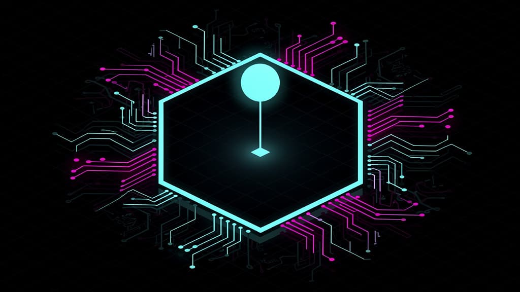 A glowing orb tethered to an anchor point inside a bright hexagonal boundary, with chaotic circuit paths sprawling outside the frame